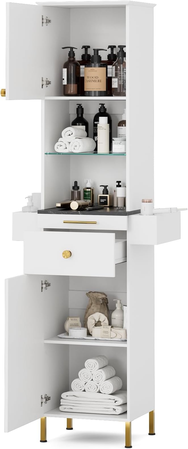 Salon Stations for Hair Stylist, Barber Station w/Glass Shelf & Golden Handles, Hair Salon Station Beauty Salon Spa Equipment w/6 Hair Dryer Holders, 2 Storage Cabinet & Drawers(White)