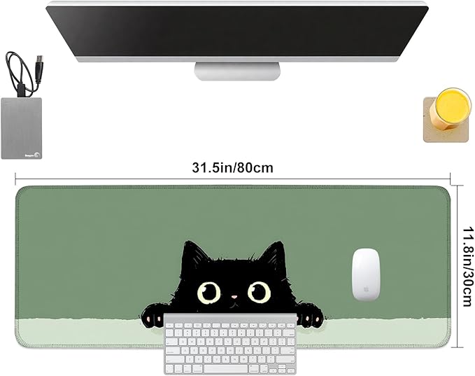 Cute Black Cat Large Mouse Pad – Extended Desk Mat 31.5 x 11.8 in– Kawaii Kitty Peeking Over Edge, Green Background, Non-Slip Rubber Base, Waterproof Keyboard & Mouse Pad for Office or Gaming