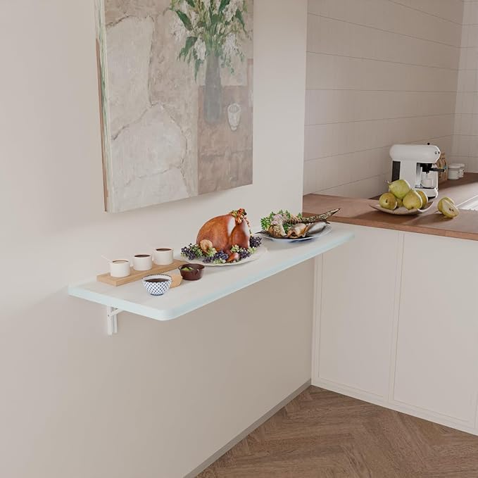 IAE Wall Mounted Folding Table with Pine Wood,48" x 16" Floating Wall Desk,Laundry Folding Table with Shelf Brackets,Fold Down Desk Shelf,Folding Workbench for Home,Dining,Laundry Room,Kitchen,White
