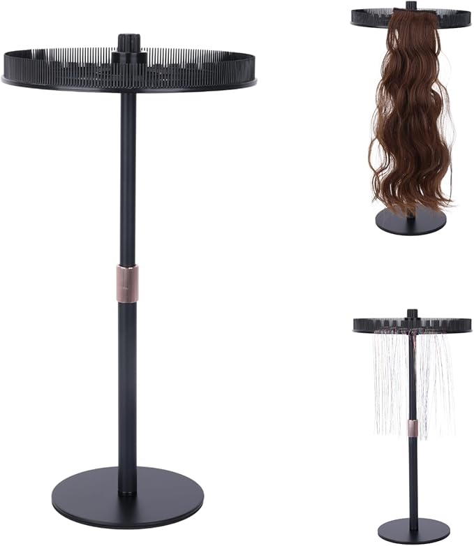Adjustable Hair Extension Stand – Matte Black Metal, 11"–17.5" Height, Tangle-Free Storage & Display for Bangs, Clip-Ins, Color Strips, Colored Clip Hair Extensions & More, Non-Slip Base, Easy Assembly