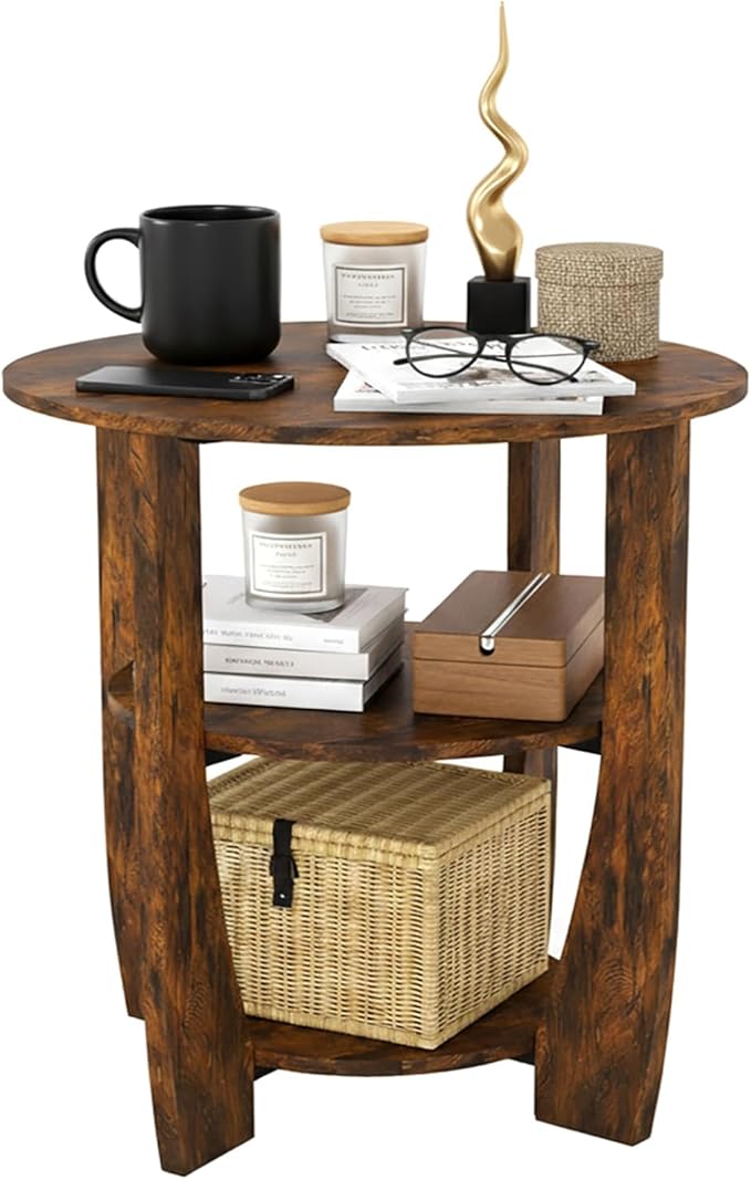 Rustic Brown Round Side Table, 3-Tier End Table with Storage Shelves, Farmhouse Nightstand for Bedroom, Small Accent Table for Living Room Sofa, 19.7" D x 21.7" H