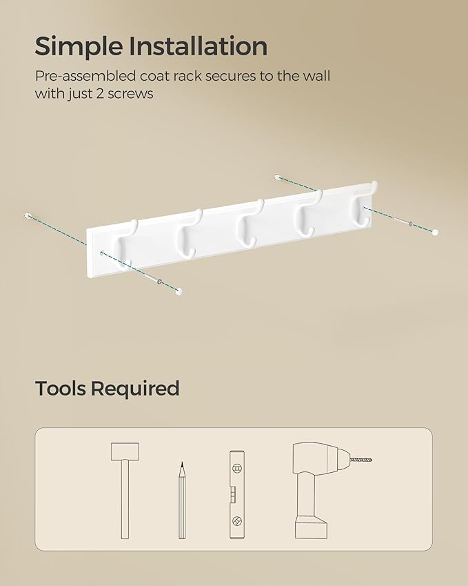 SONGMICS Wall-Mounted Coat Rack, Hook Rack, 5 Dual Metal Hooks, for Coats, Bags, Keys, in The Entryway, Bedroom, Living Room, White ULHR235W01