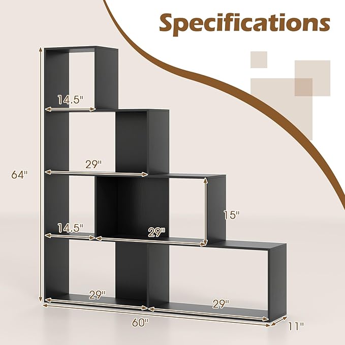 Tangkula 4-Tier Stepped Bookshelf, Freestanding 6 Cubes Ladder Bookcase with Anti-Tipping Kits, 64" Tall Modern Wooden Storage Display Rack for Home Office Living Room Study (1, Black)