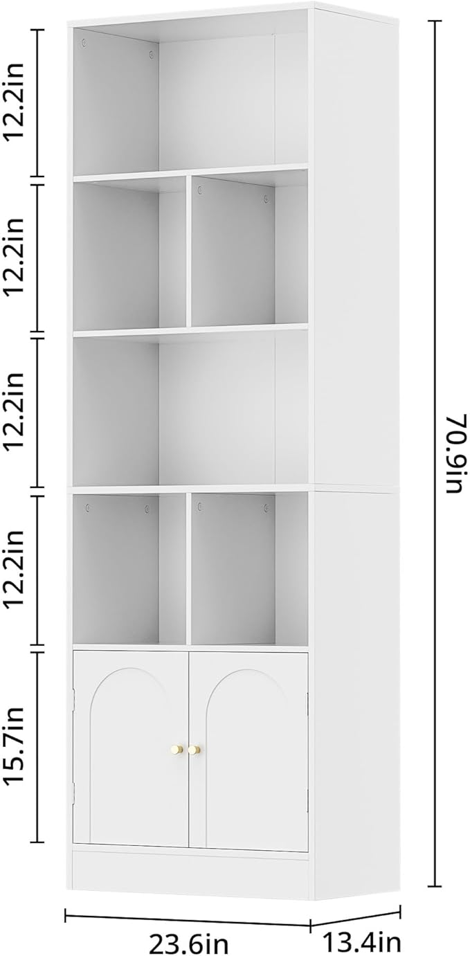71" Tall Bookshelf with 6 Cubes and 2 Doors, 4-Tier Bookshelf, Open Shelf Bookcase with Cabinet, Modern Cube Storage Organizer for Living Room, and Office, White