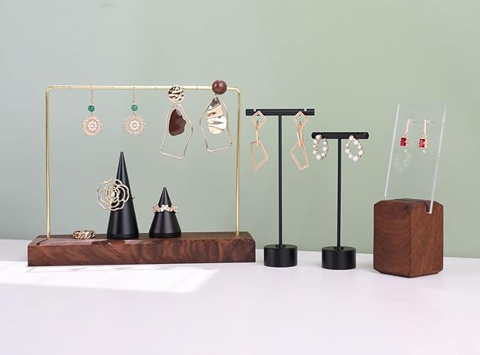 GemeShou Walnut Earring holder for selling, Brass earring stands and displays for show, Wood Jewelry Storage hanging shelf for Girl Woman【Walnut U Shelf Height 5.91"-Small】