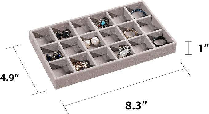 Frebeauty Jewelry Organizer Tray,Stackable Velvet Jewelry Trays,Drawer Inserts Earring Organizer For Women Jewelry Storage Display Case for Rings Stud Necklaces,Set of 9(Grey)