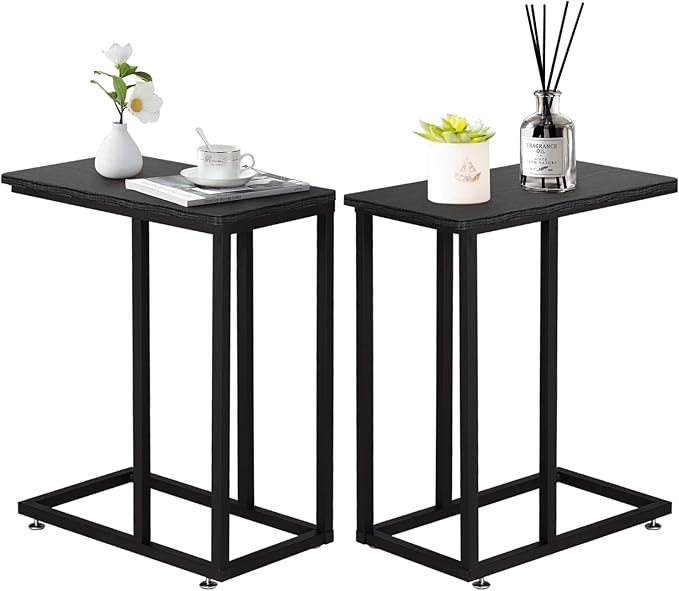 VECELO C Shaped End Side Table for Sofa Couch and Bed Snack TV Tray for Living Room Bedroom, 2 PCS,Black