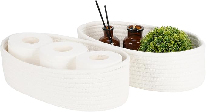 Temary Bathroom Organizer Bin, Toilet Paper Rope Baskets with Handles, Set of 2 Small Foldable Storage Bin for Toilet Tank Top Boho, Narrow Rectangle Baskets for Organizing (White, 13x5.9x3.9)
