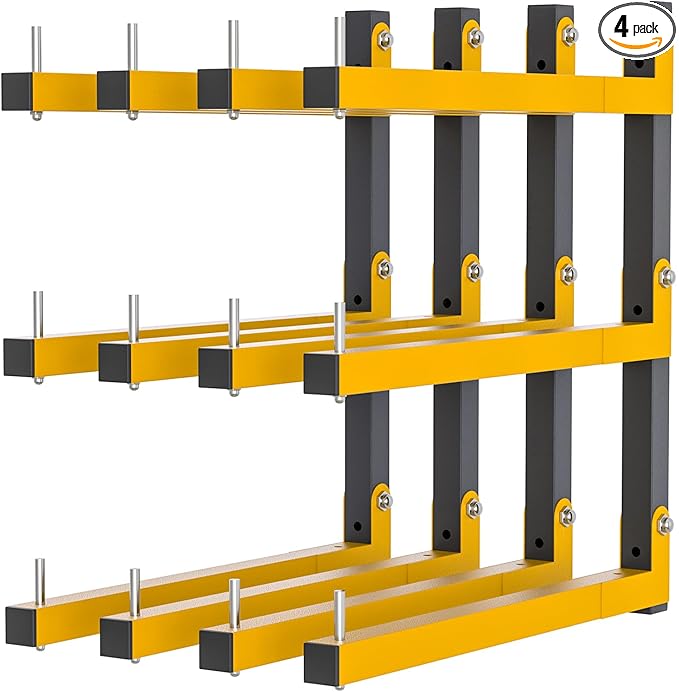 4 PACK Lumber Storage Rack Wall Mount Wood Organizer Storage Racks Heavy Duty Shelf Brackets with 6-Level System 720 LB Sturdy Folding Garage Wall Shelving, Snowboard Rack for Indoor and Outdoor