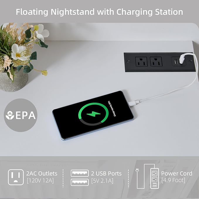 Modern Matte White Fluted Floating Nightstand with Charging Station, NightStand with Drawers, Bedside with USB Ports and Outlets, Bedroom Furniture (Right)