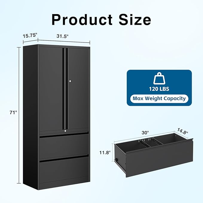 2-Drawer Metal File Cabinet, Lateral Vertical Filing Cabinets for Home Office, Locking File Cabinet with Storage Shelves, Legal/Letter/A4 Size Office File Cabinets (Black, Assemble Required)