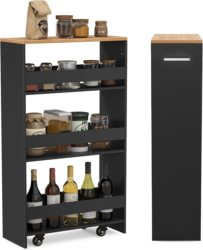 LOKO 4-Tier Rolling Storage Cart, 8 Inches Slim Kitchen Cart on Wheels with Open Shelves & Handle, Laundry Room Cart Between Washer and Dryer, for Bathroom Next to Fridge (Black & Natural)