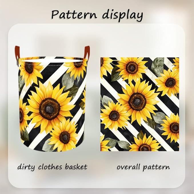 Laundry Baskets 15.7x19.7 Inch Large Sunflower Striped Design Collapsible Laundry Hamper with Handles Oxford Fabric Clothes Storage Bin Foldable Dirty Clothes Organizer for Bedroom Bathroom Dorm