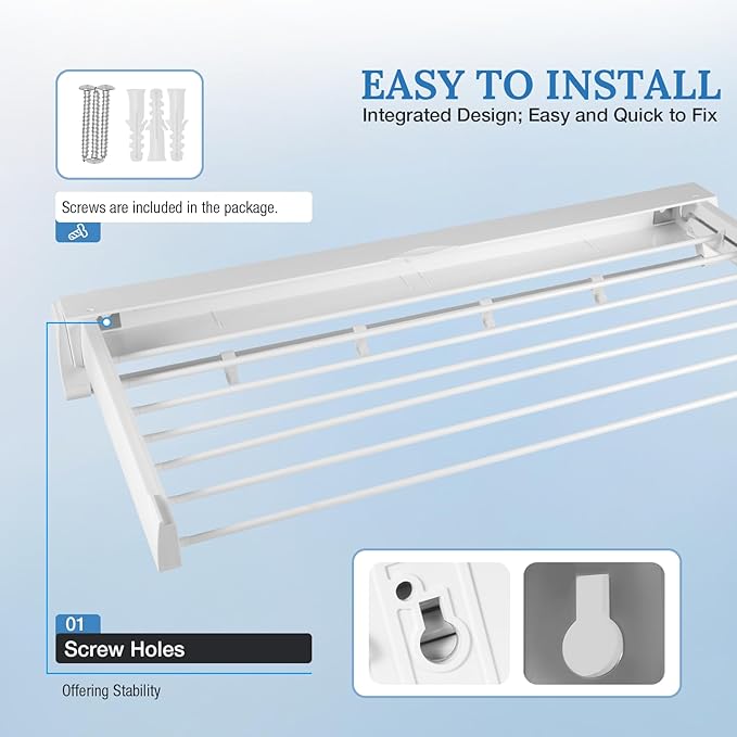 Wall Mounted Drying Rack, Foldable Wall Mount Laundry Rack Folding Indoor Drying Rack Clothing Collapsible with 4 Moveable Hooks and 7 Aluminum Drying Rods for Indoor Outdoor Hanging Clothes