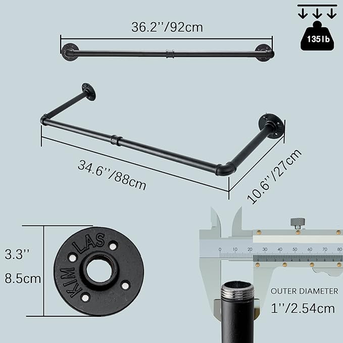 Industrial Pipe Clothes Rack with 3 S-Shaped Hooks, 36’'L Wall Mounted Garment Rack, Heavy Duty Iron Garment Bar, Clothes Hanging Rod Bar for Laundry Room, Max Load 135Lb Black (2 Package)