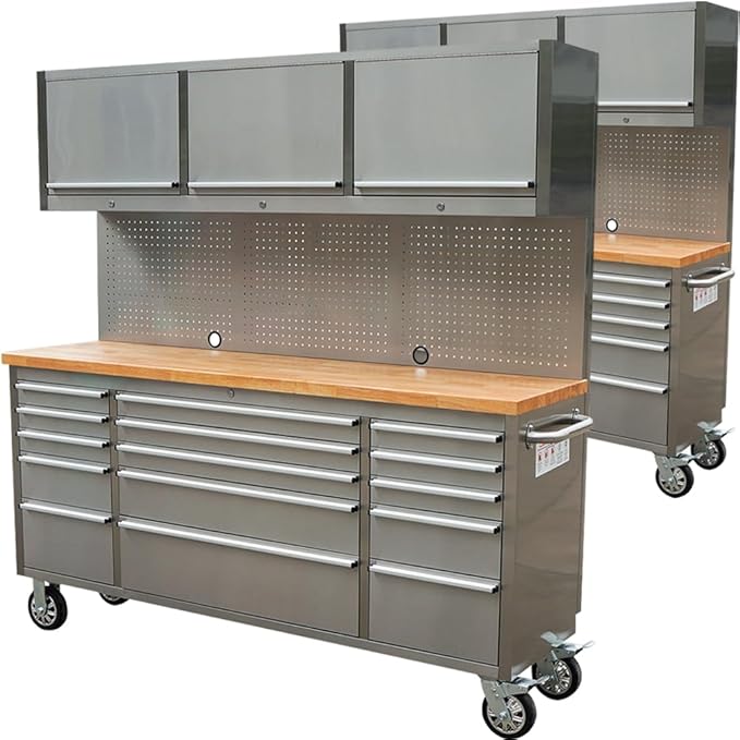 2 Pack - 72" Stainless Steel Rolling Tool Chest with 15 Drawers + 3 Upper Cabinets, Assembled Tool Box, Large Mobile Workbench, Lockable Storage Cabinet with Wheels for Garage Workshop (2 × HTC7218W1)