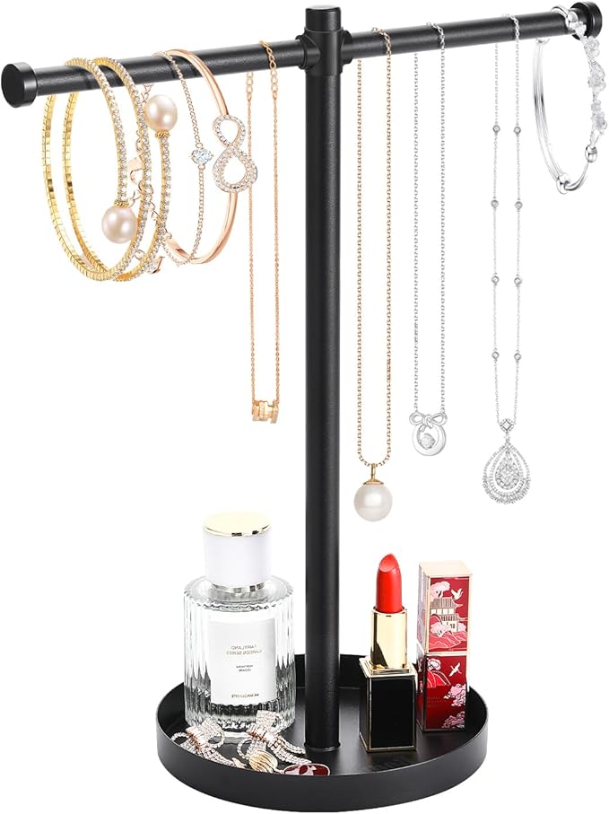 Jewelry Necklace Organizer Stand,12.9" Tall Sturdy Metal Jewelry Stand with Round Tray for Bracelet Bangles Holder Display,Long Necklace Organizer Holder (black)