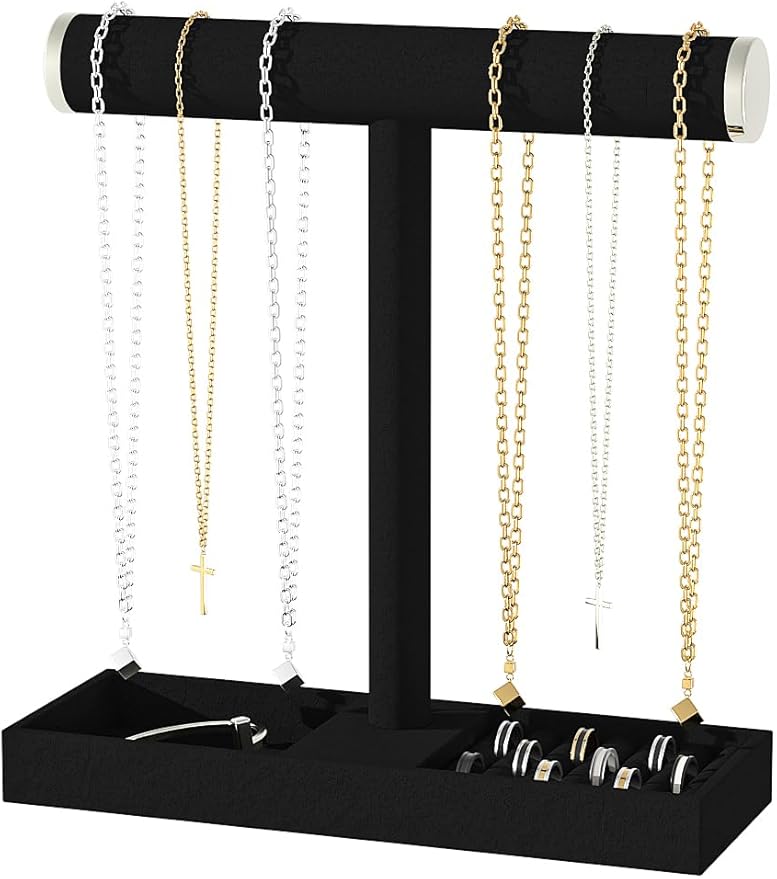 Bracelet and Necklace Holder,Velvet Jewelry Necklace Display Organizer Stand,bracelet Holder for Selling,Bracelet and Necklace Storage Tree (Style 1（Black+ Metal lid）)