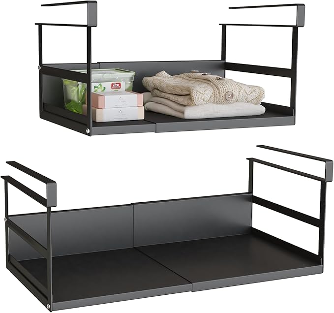 Expandable Under Cabinet Shelf Organizer with 1.25 Inches Thick Clips, Heavy Duty Extendable Under Shelf Storage Basket for Pantry or Laundry Room, Black, 2 Pack, Interior: 5.7" H x 8.54" D
