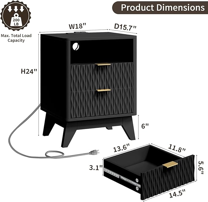 Fluted Nightstand with Charging Station, 18" Modern End Table with Storage Drawers, Bedside Table for Bedroom (Black)