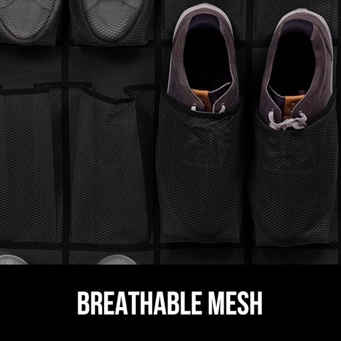 GORILLA GRIP Over the Door Shoe Organizer, 12 Large Breathable Mesh Pockets, Space Saving Hanging Storage Holder, 2 Hook Closet Rack Hanger, Hangs on Closets for Shoes, Accessories, 64H x 9.5W Black