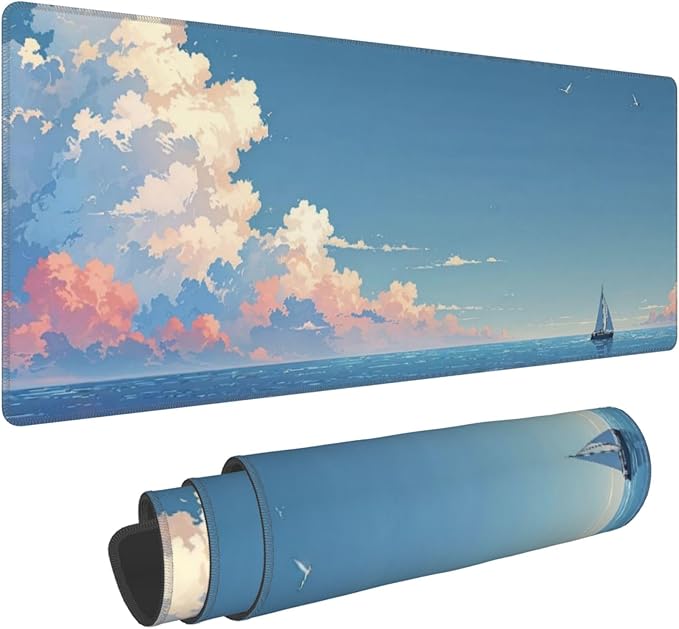 Blue Sky Ocean Large Mouse Pad, Anime Style Gaming Desk Mat, XL Keyboard Desk Pad Mat for Desktop, 31.5"x11.8" Non-Slip Base Big Mousepad with Stitched Edges