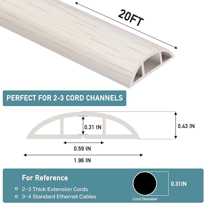 Floor Cord Cover Self Adhesive Cord Hider Floor Extension Cord Covers for Floor Power Cord Protector Cable Management Prevent Cable Trips Cable Cavity 0.59" W x 0.31" H (Beige Wood, 20Ft)