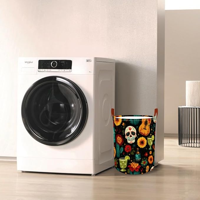 Laundry Baskets 15.7x19.7 Inch Day of the Dead Skull Guitar Cocktail Design Collapsible Laundry Hamper with Handles Oxford Fabric Clothes Storage Bin Foldable Dirty Clothes for Bedroom Bathroom