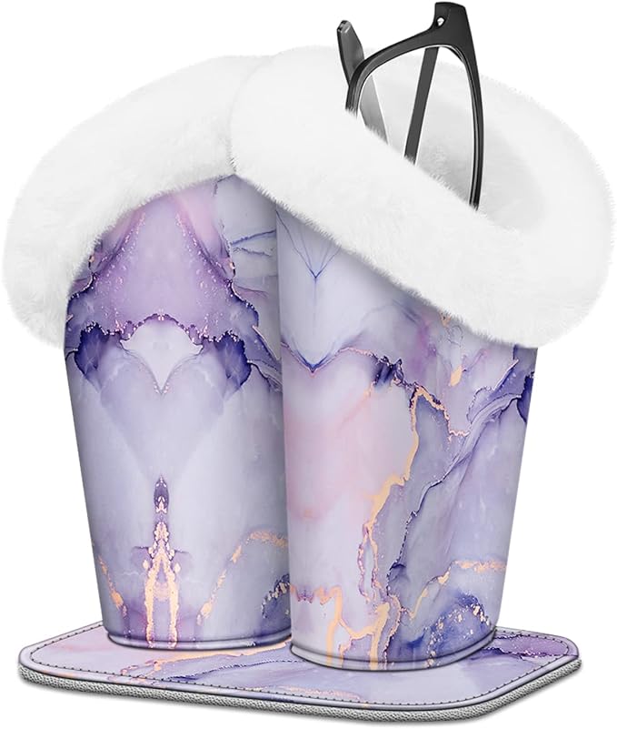 Fintie Plush Lined Double Eyeglasses Holder with Magnetic Base, Glasses Stand Case Organizer for Desk, Nightstand, Office, Lilac Marble
