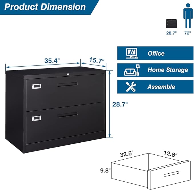 2 Drawer File Cabinet, Lateral Filing Cabinets for Home Office, Office Storage Drawers with Lock, Hanging Files Legal/Letter A4 Size (Assemble Required,Black)