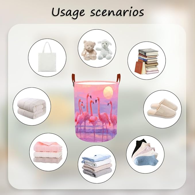 Laundry Baskets 15.7x19.7 Inch Large Pink Flamingo Sunset Beach Design Collapsible Laundry Hamper with Handles Oxford Fabric Clothes Storage Bin Foldable Dirty Clothes Organizer for Bedroom Bathroom