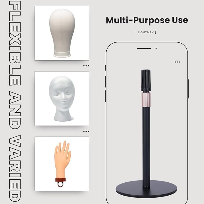 Adjustable Wig Head Stand – Matte Black Metal, 11" to 17.5" Height, Works with Foam or Canvas Heads, Nail Practice Hand & More. Sturdy Non-Slip Base, Easy to Set Up (Frosted Black)
