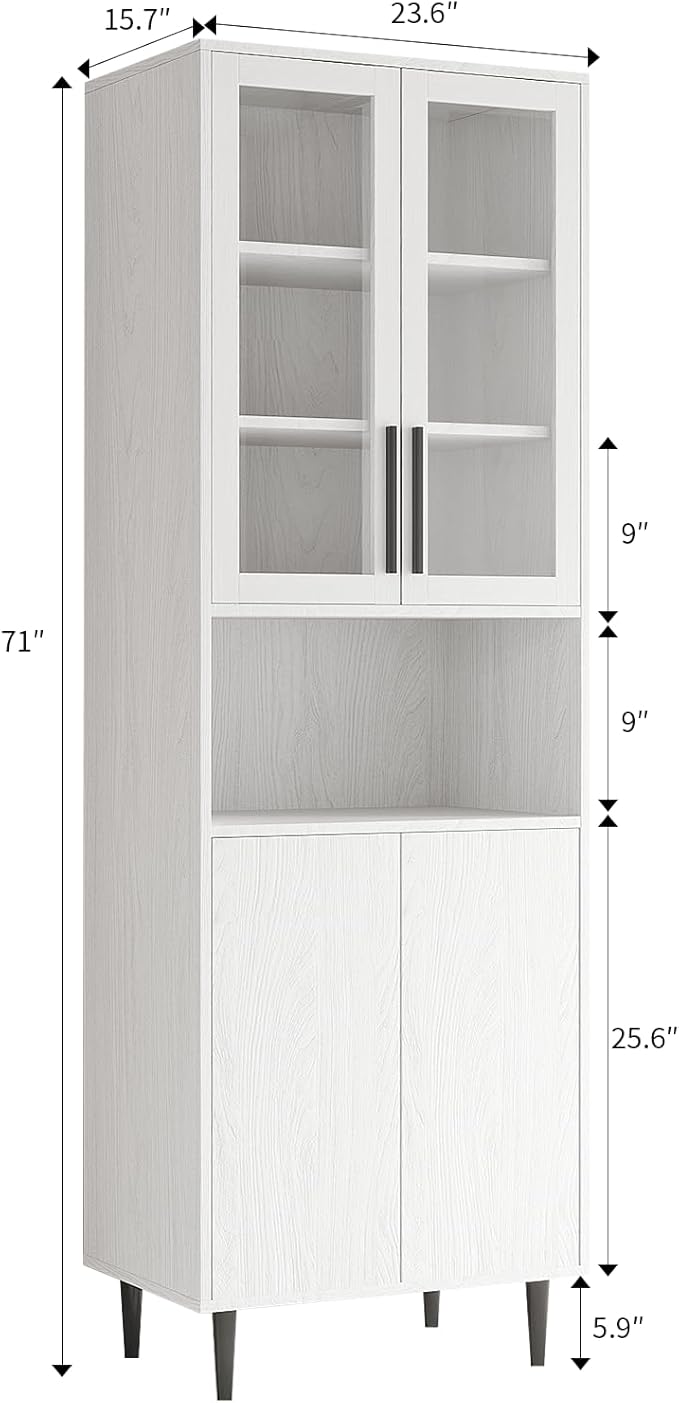 TUSY 70.9“ H Bookcase with Doors, 6-Tier Bookshelf with Open Shelf, Display Curio Cabinet with Glass Door, Narrow Display Bookcase for Home, Office, Clinic, Pantry (White)