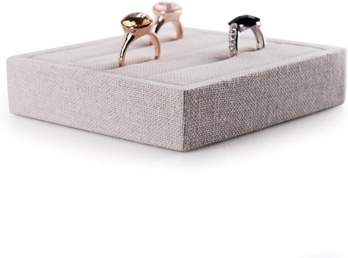Oirlv linen 3 Slots Ring Earrings Display Trays Showcase Jewelry Organizer (creamy-white,square)