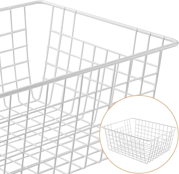 3 Pack Freezer White Wire Baskets for Organizing Office Wire Storage Basket with Built-in Handles, 14" Large White Metal Baskets for Pantry Freezer Kitchen Cabinets