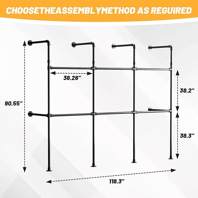 Industrial Pipe Clothing Rack, Reversible 118.3'' Clothes Rack for Hanging Clothes, Black Wall Clothing Rack Wall Mounted Rack for Walk-in Closet, Laundry Room or Retail Display (丨丨丨)