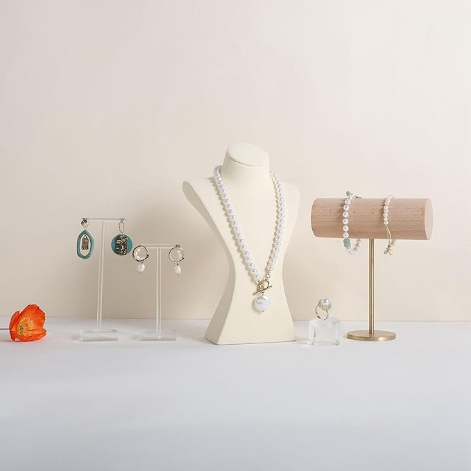 GemeShou Beige necklace storage hanger stand jewelry organizer, Velvet jewelry stand necklace holder, jewelry mannequin bust for necklaces, jewelry bust display stands【Beige-Medium height 9.25 inch】