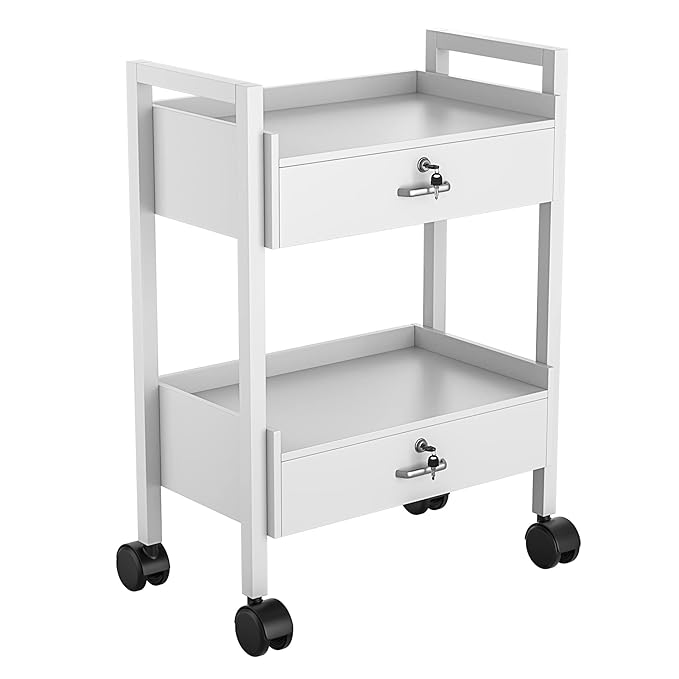 Paddie Salon Trolley Cart, Salon Tray Wooden Mobile Utility Cabinet with 2 Lockable Drawers, Rolling Storage Station Medical Esthetic Supply Holder for Beauty Spa (2 Drawers, White)