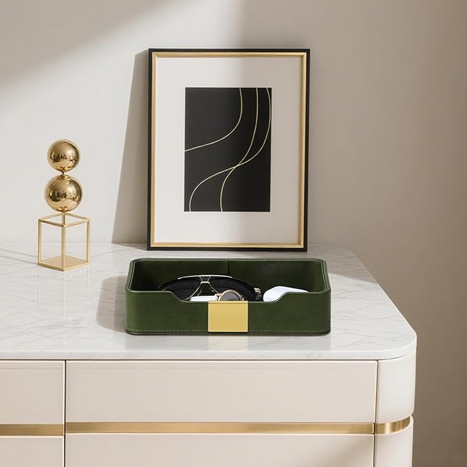 PU Leather Valet Tray with Gold Accent, Decorative Nightstand Organizer Desk Trays Cologne Organizer for Men - Key Bowl Vanity Trinket Tray for Dresser Bedside Entryway Table (Dark Green)
