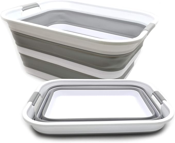 SAMMART 42L Set of 2 Collapsible Plastic Laundry Basket - Foldable Pop Up Storage Container/Organizer - Portable Washing Tub - Space Saving Hamper/Basket (Grey, 2)