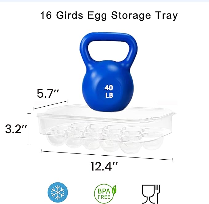 vacane Plastic Egg Holder for Refrigerator,Stackable Egg Holder Clear Tray with Lid,BPA-Free Egg Container Organizer Countertop Kitchen Fridge, Stores 16 Eggs - 2 Pack