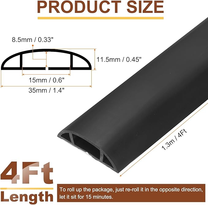 HARFINGTON 4ft Cord Cover Floor W0.6 x H0.33 Inner Channel PVC Hide Extension Cable Floor Wire Hider Wire Covers Protector for Prevent Cable Trips Cables Management, Black