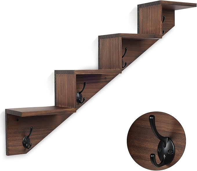 Coat Rack Wall Mount with Shelf, Brown Ladder Shelf with Hooks Underneath, Wall Mounted Rise Wooden shelves for Decorative, 4 Double Hooks for Hanging Coats, Keys, Books, Flowers, Planter, Towels
