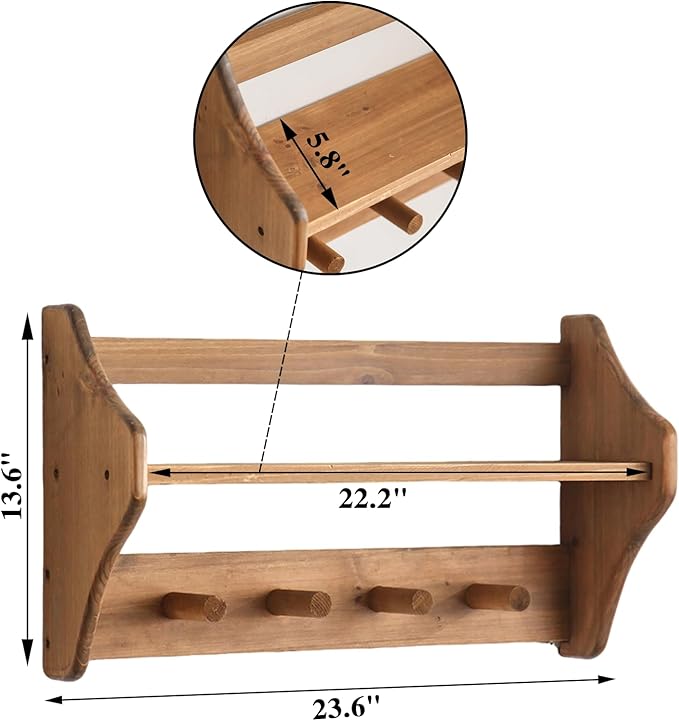 100% Solid Wood Wall Hooks with Shelf, Rustic Coat Rack with Shelf Wall-Mounted, Farmhouse Decor Shelves with 4 Hooks for Clothes Hats Towel Purse Robes, Bathroom Mudroom Bedroom, Entryway