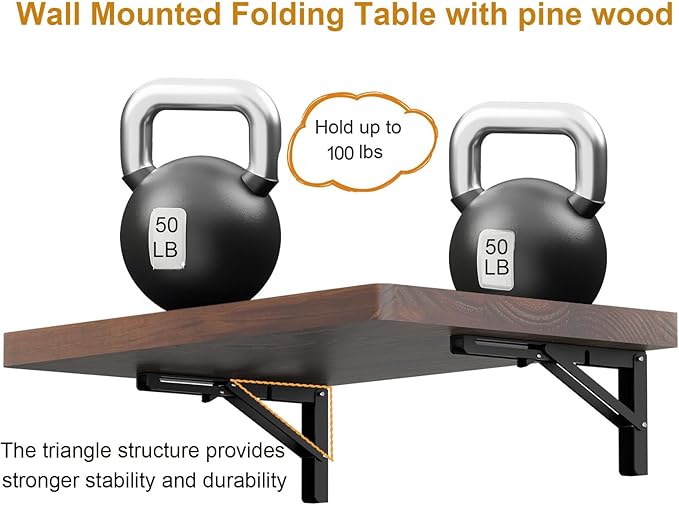 IAE Wall Mounted Folding Table with Pine Wood,24" x 14" Floating Wall Desk,Laundry Folding Table with Shelf Brackets,Fold Down Desk Shelf,Folding Workbench for Home,Dining,Laundry Room,Kitchen,Brown
