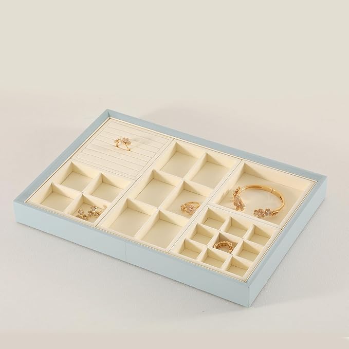 Dark Blue Jewelry Display Tray Ring Necklace Earring Bangle Organizer Multifunctional Storage Case for Jewelry Showcase (Long 6 Grids Tray(beige))