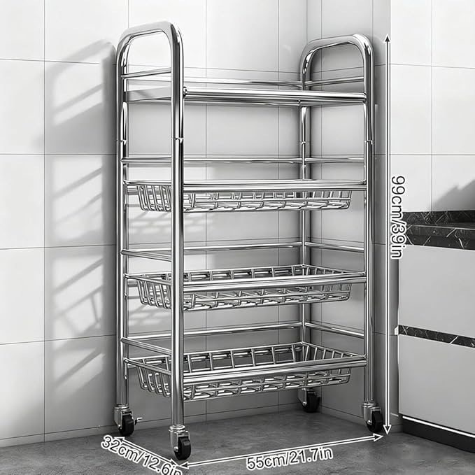 304 Stainless Steel Rolling Cart, Utility Kitchen Storage Carts with Wheels, Metal Kitchen Island, Storage Cart for Dining Room, Room, Laundry Room