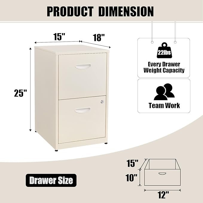 Filing Cabinet 2 Drawer with Lock, Under Desk Metal Filing Cabinet, Two Drawer Vertical File Cabinets Suitable for Letter-Size Files, Light Duty Metal File Storage for Home Office - Assembly Required