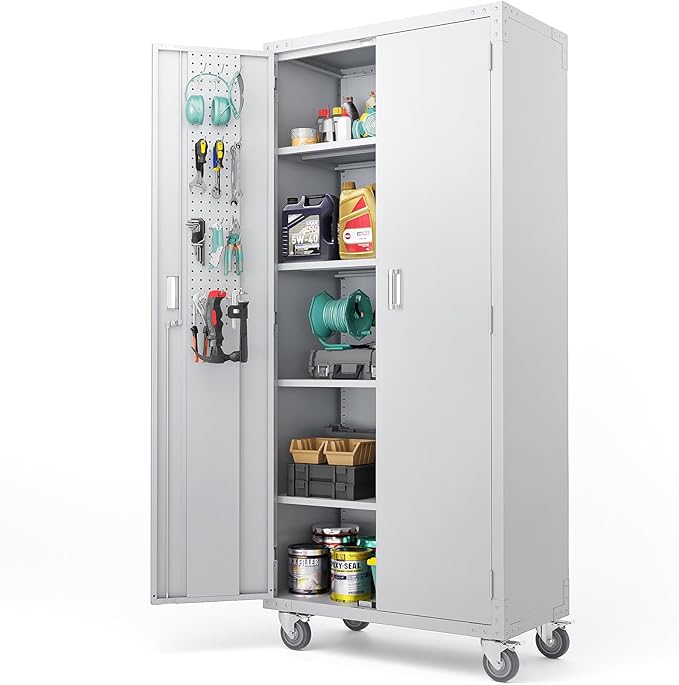 VINGLI 72'' Tall Garage Storage Cabinet, Metal Storage Cabinet with Pegboards, Wheels, Locking Doors and Adjustable Shelves (Gray, 32''W x 16''D x 72''H)