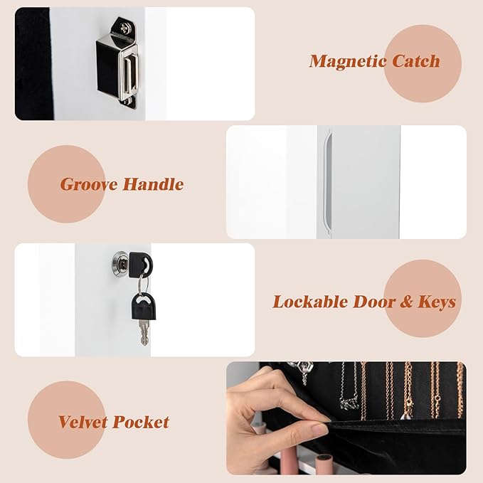 Giantex Jewelry Armoire Wall Door Mounted, Lockable Jewelry Cabinet with 42.5'' Full Length Mirror, 2 LEDs Jewelry Organizer Box with 2 Drawers, Mirror with Jewelry Storage (White)